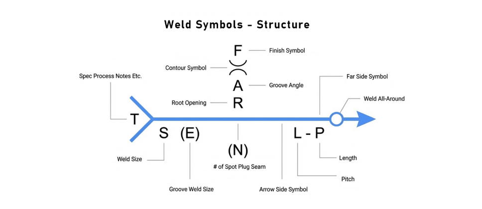 Detailed technical illustration of standard welding symbols for specifying weld depth, pitch, and contour