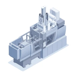 Schematic of the injection molding process including material melting, mold injection, and cooling stages.