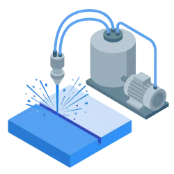 High-pressure waterjet nozzle focusing a stream to cut through industrial sheet metal and soft materials