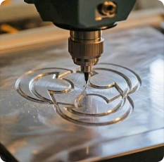 Herramienta de grabado CNC de precisión para grabar texto alfanumérico y logotipos en una superficie metálica acabada.