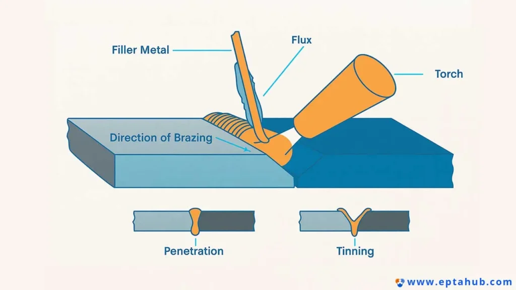 A technical illustration of the torch brazing process, showing how the torch provides heat while the filler metal and flux are applied to the joint. Includes diagrams explaining joint penetration and tinning.