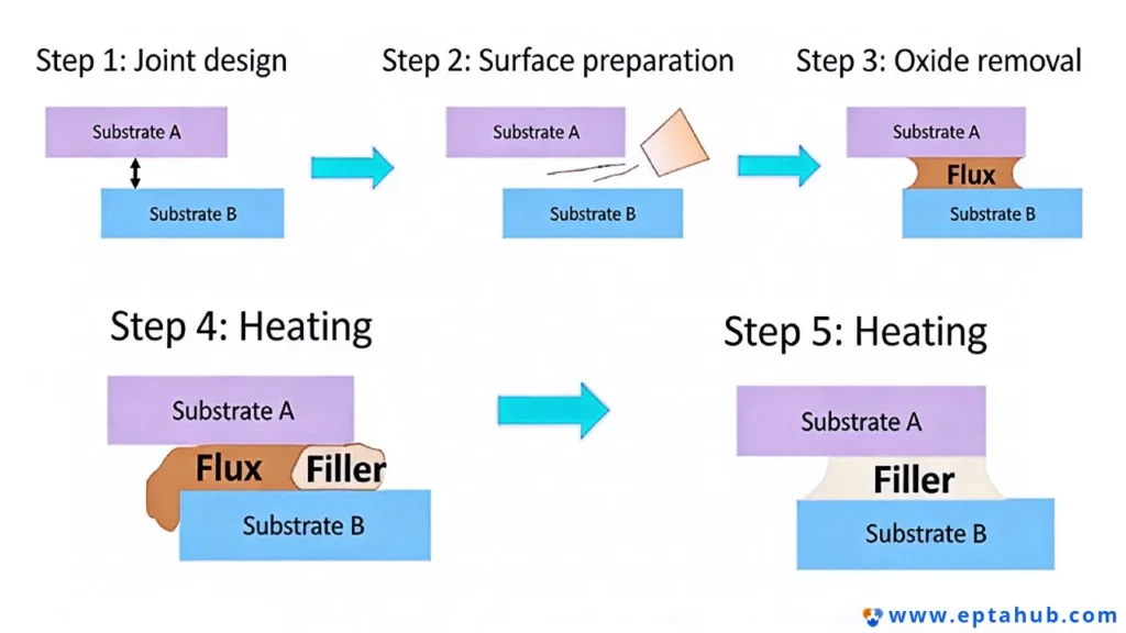 A five-step flowchart illustrating the brazing process: 1. Joint design, 2. Surface preparation, 3. Oxide removal with flux, 4. Heating with filler metal, and 5. Final heating to create the joint.