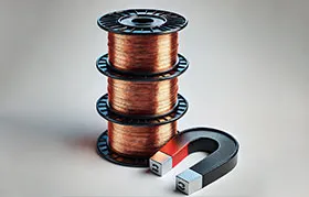 A photo showing a stack of three spools of shiny copper wire next to a horseshoe magnet, illustrating that copper is not ferromagnetic and is not attracted to the magnet, which is a key property for its use in electronics and motors.