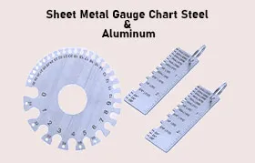 An assortment of sheet metal gauge measurement tools, including a circular gauge and rectangular gauges, for an engineer's guide to steel and aluminum gauge charts.