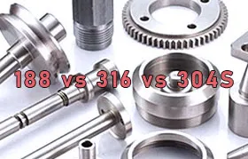 featured image comparing different stainless steel grades, showing a collage of high-quality, precision CNC machined parts like gears, shafts, and flanges made from 18/8, 304, and 316 stainless steel.