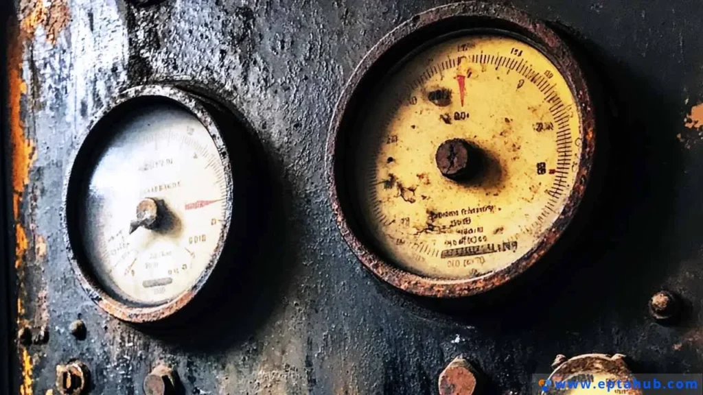 Zwei alte, verrostete analoge Messgeräte an Industriemaschinen, die als visuelle Metapher für die historische Bedeutung und Entwicklung von Messstandards wie dem Blechmesssystem dienen.
