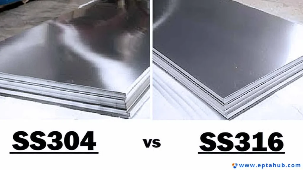 Ein direkter Vergleich von übereinander gestapelten Edelstahlblechen, deutlich gekennzeichnet mit "SS304 vs SS316", um die in der Blechbearbeitung verwendeten Rohmaterialformen zu veranschaulichen.