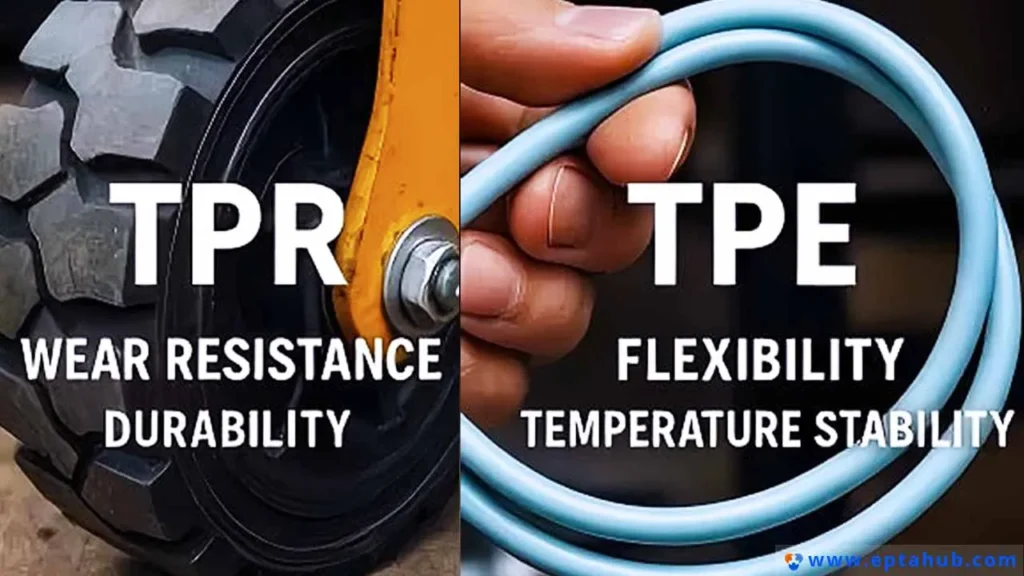 Infografía que compara el caucho termoplástico (TPR) y el elastómero termoplástico (TPE), mostrando la resistencia al desgaste y la durabilidad del TPR con una rueda de alta resistencia, y la flexibilidad y la estabilidad térmica del TPE con un tubo azul flexible.
