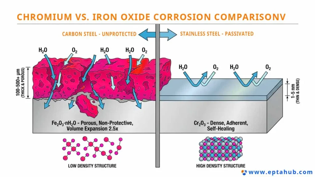 A detailed scientific diagram by Rapmaf comparing corrosion on unprotected carbon steel versus passivated stainless steel, showing how the porous iron oxide layer allows rust while the dense chromium oxide layer protects the metal from oxygen and water.