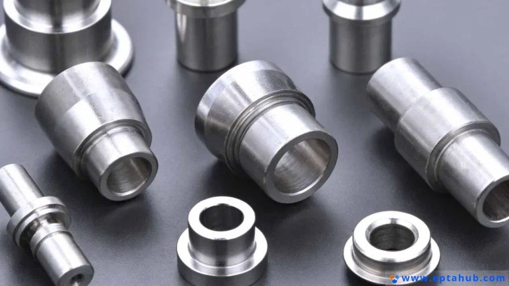 A collection of high-quality, precision CNC machined stainless steel components by Rapmaf, including custom bushings, collars, and fittings, showcasing the excellent surface finish and tight tolerances achievable with these materials.