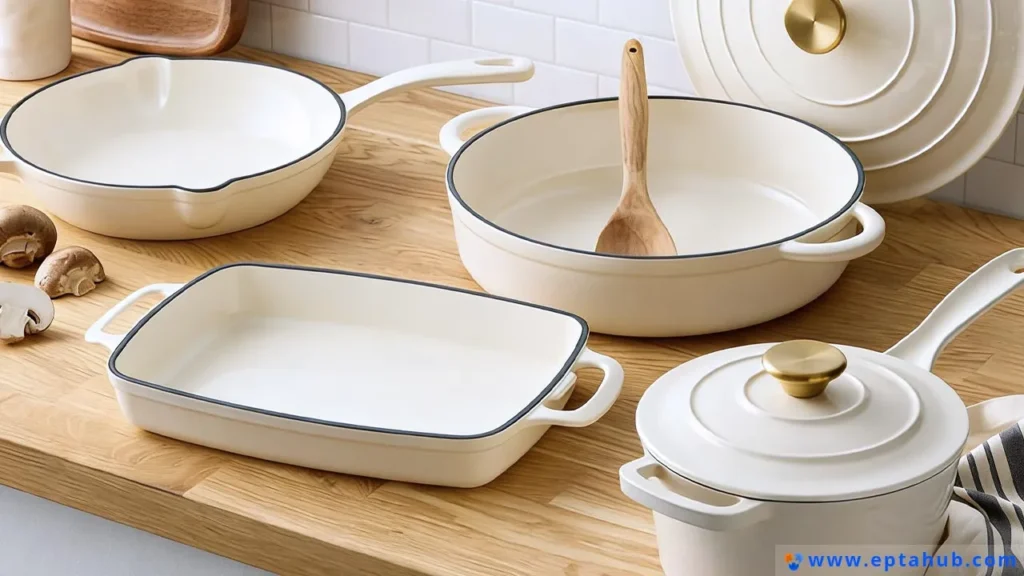 Un ensemble de casseroles haut de gamme en fonte émaillée, un exemple de conception de produit où les propriétés des matériaux issues de la courbe contrainte-déformation sont essentielles ; le noyau en fonte ductile assure la robustesse tandis que le revêtement en émail fragile doit résister à la fissuration (fracture).