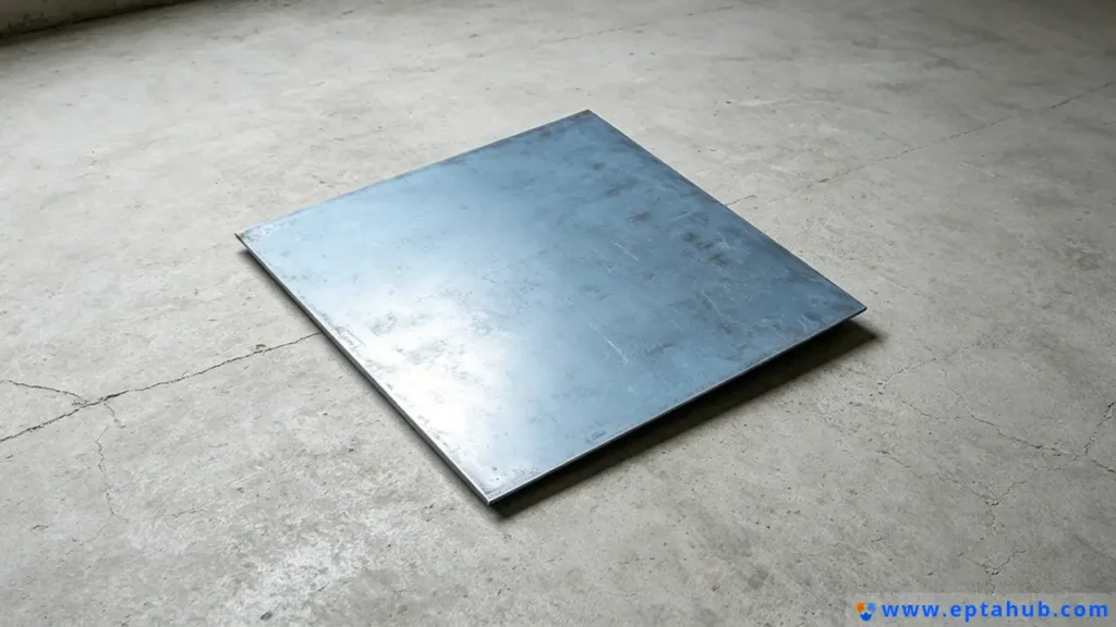 Una lámina de metal cuadrada en bruto sobre un suelo de hormigón, un material de fabricación típico de EPTAHUB donde las mediciones precisas, ya sean imperiales o métricas, son esenciales para evitar errores costosos.
