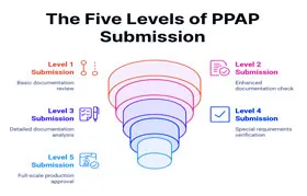 An infographic from EPTAHUB illustrating The Five Levels of PPAP Submission. It visually represents the escalating requirements from Level 1 (Basic documentation review) to Level 5 (Full-scale production approval).