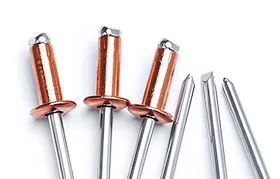A high-quality close-up photograph by EPTAHUB of three copper-bodied blind rivets with steel mandrels, used in engineering for permanent fastening. Two snapped-off mandrels are visible, illustrating the result of the setting process.