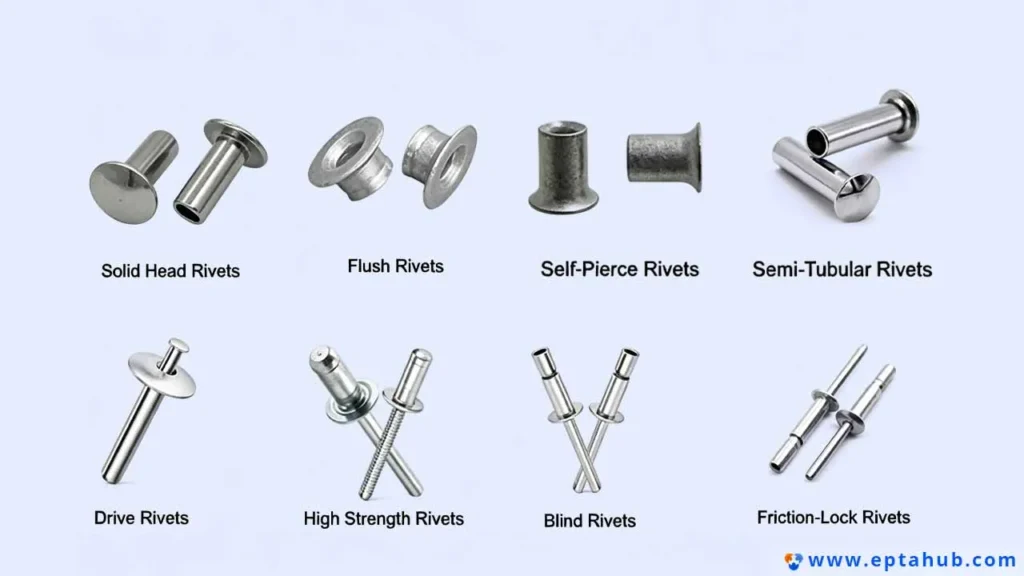 An EPTAHUB infographic showcasing eight common types of industrial rivets. Includes Solid Head, Flush, Self-Pierce, Semi-Tubular, Drive, High Strength, Blind, and Friction-Lock rivets, each with a clear product image to help engineers specify the correct fastener.