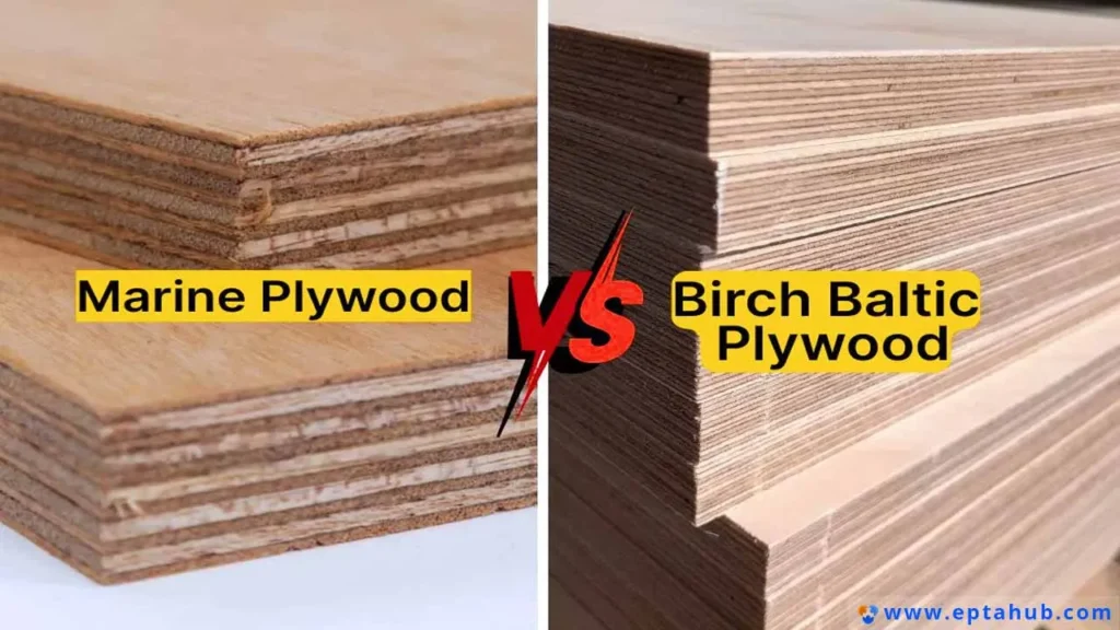 A side-by-side comparison of Marine Plywood versus Baltic Birch Plywood, highlighting the denser, more numerous, and void-free layers of Baltic Birch for superior strength and machining performance.
