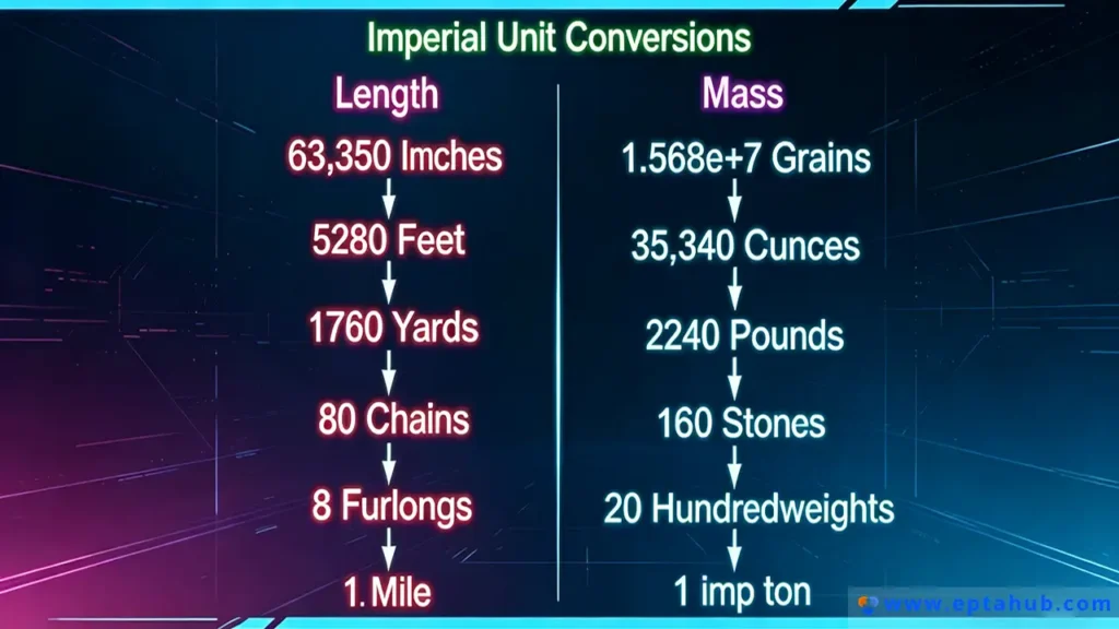 Una infografía de EPTAHUB que muestra conversiones complejas de unidades imperiales para longitud (pulgadas a millas) y masa (granos a toneladas), destacando el sistema no decimal que puede dar lugar a errores de ingeniería.
