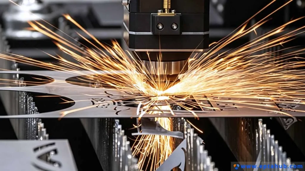 A CNC laser cutter head precisely cutting an intricate pattern into a thin sheet of metal, creating a shower of fine, bright sparks. This method is ideal for detailed and high-quality custom signs.