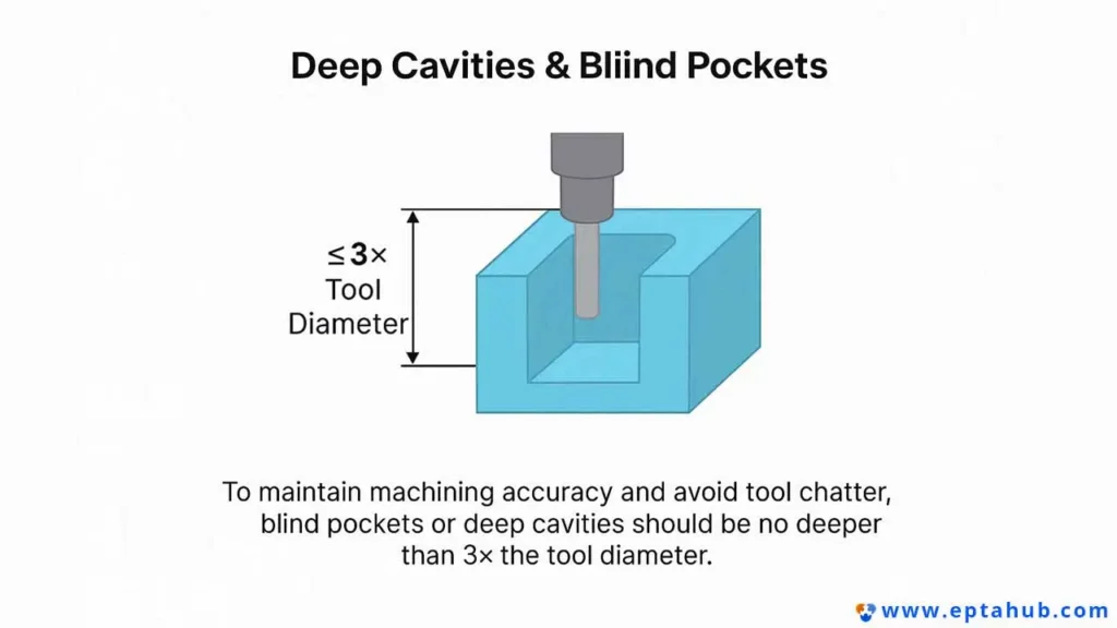An engineering diagram illustrating a Design for Manufacturing (DFM) principle for CNC machining: to maintain accuracy, blind pockets or deep cavities should be no deeper than 3 times the tool's diameter.