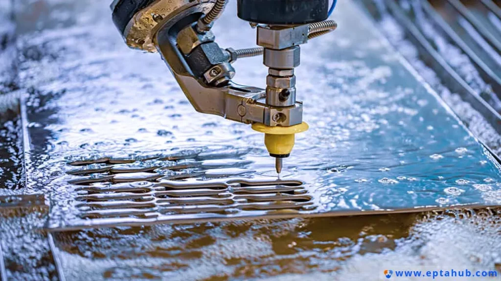 A CNC abrasive waterjet cutting head submerged in water as it precisely cuts a thick metal plate. This cold-cutting process avoids heat distortion, making it perfect for sensitive materials or thick signs.