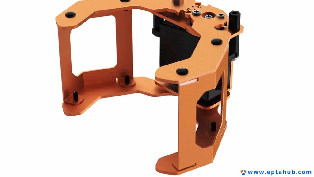 Uma garra robótica laranja, projetada sob medida, é um exemplo de protótipo funcional que pode ser produzido e testado rapidamente usando a Sinterização Seletiva a Laser (SLS).
