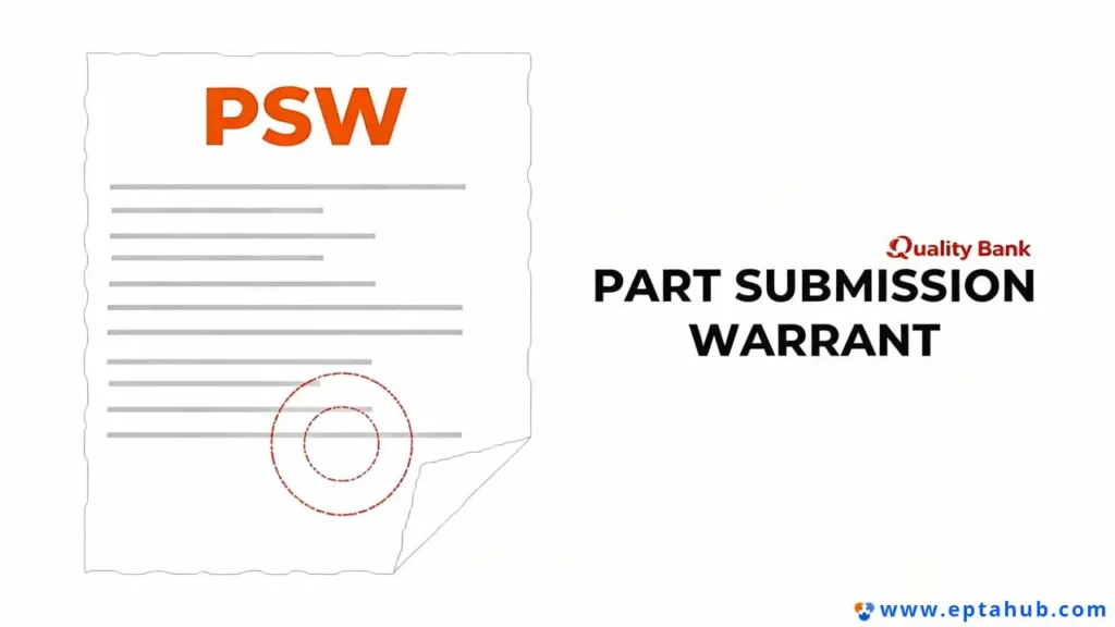 EPTAHUB에서 제공하는 이 그래픽은 PSW가 PPAP 프로세스에서 중요한 문서인 부품 제출 보증서(Part Submission Warrant)의 약자임을 설명합니다. 이 이미지는 생산 부품 승인을 위한 최종 요약 및 공식 제출 문서를 나타냅니다.