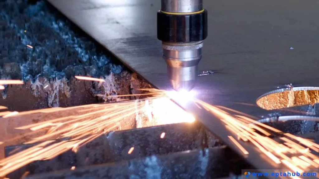 A CNC plasma cutter head slicing through a thick steel plate, sending a shower of bright orange sparks, demonstrating a powerful and cost-effective method for fabricating custom metal signs.