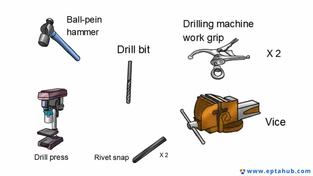 An EPTAHUB illustration of the essential tools required for setting solid rivets. The image labels each tool, including a drill press, drill bit, vice, ball-pein hammer, rivet snap, and a work grip, for a complete metalworking setup.