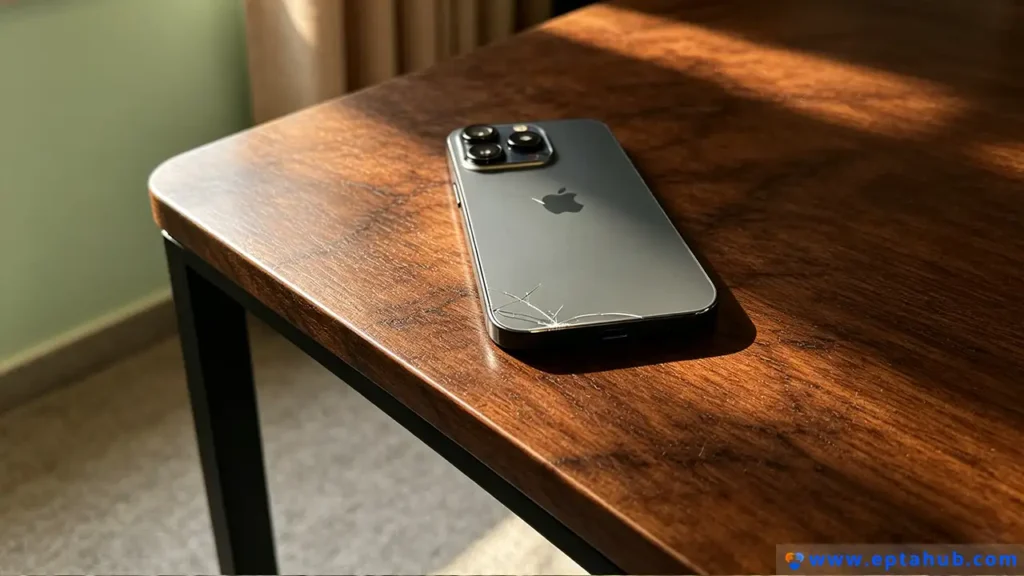 An image from EPTAHUB illustrating the consequence of a failed phone case: a modern smartphone with a cracked back glass resting on a wooden table, emphasizing the need for quality wholesale cases.