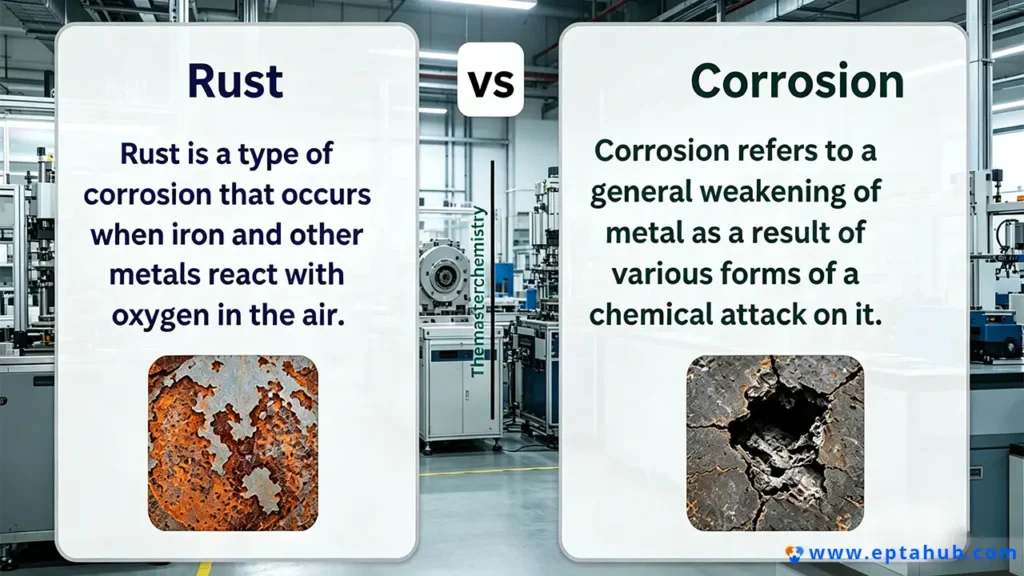 An infographic from EPTAHUB comparing Rust vs. Corrosion for engineers. It defines rust as corrosion on iron from oxygen, and corrosion as a general weakening from chemical attack, with close-up images illustrating each type of metal degradation.