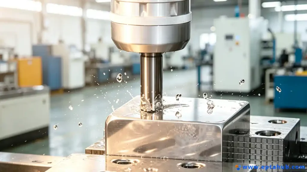An EPTAHUB image showing a CNC milling machine in action, where a spinning end mill precision-cuts a solid metal block while coolant splashes to remove heat and chips.