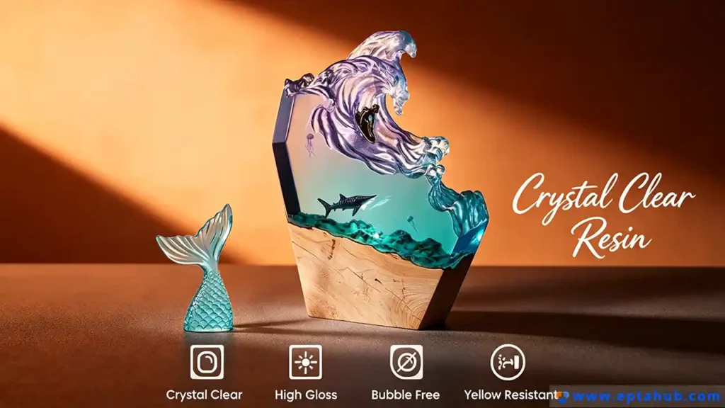 Image EPTAHUB d'une œuvre d'art décorative réalisée en résine de coulée cristalline, mettant en évidence des propriétés telles que la brillance élevée et la résistance au jaunissement, qui sont également importantes dans certaines applications industrielles de la résine.