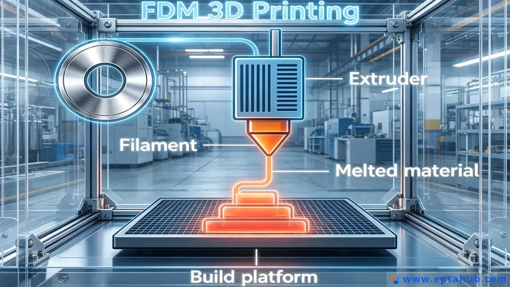 An EPTAHUB infographic illustrating the Fused Deposition Modeling (FDM) 3D printing process, showing how filament is fed into an extruder, melted, and deposited on a build platform to create an object layer-by-layer.
