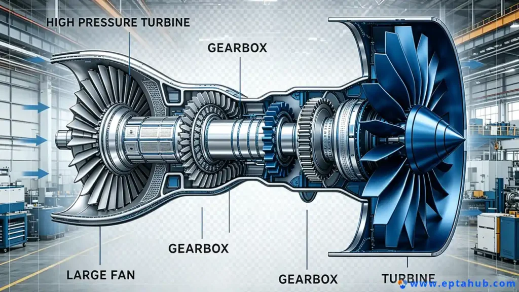 An EPTAHUB infographic showing a detailed cutaway of a geared turbofan jet engine, highlighting the gearbox that separates the large fan from the high-pressure turbine. Arrows indicate the path of airflow through the engine's main components.