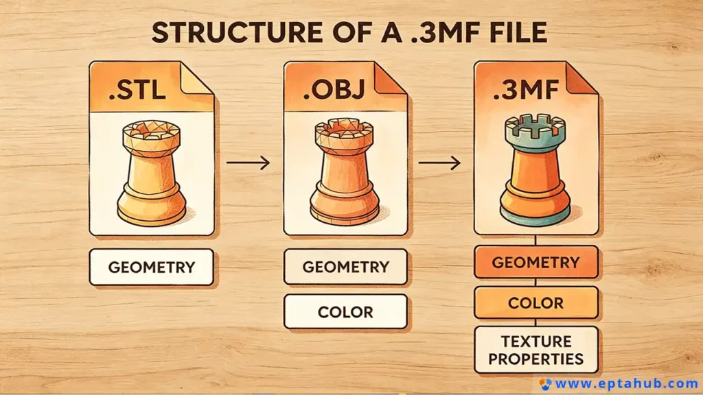 Una infografía de EPTAHUB que explica la estructura de un archivo 3MF en comparación con STL y OBJ. Muestra que STL contiene solo geometría, OBJ añade color y 3MF incluye geometría, color, textura y propiedades del material en un único paquete eficiente.