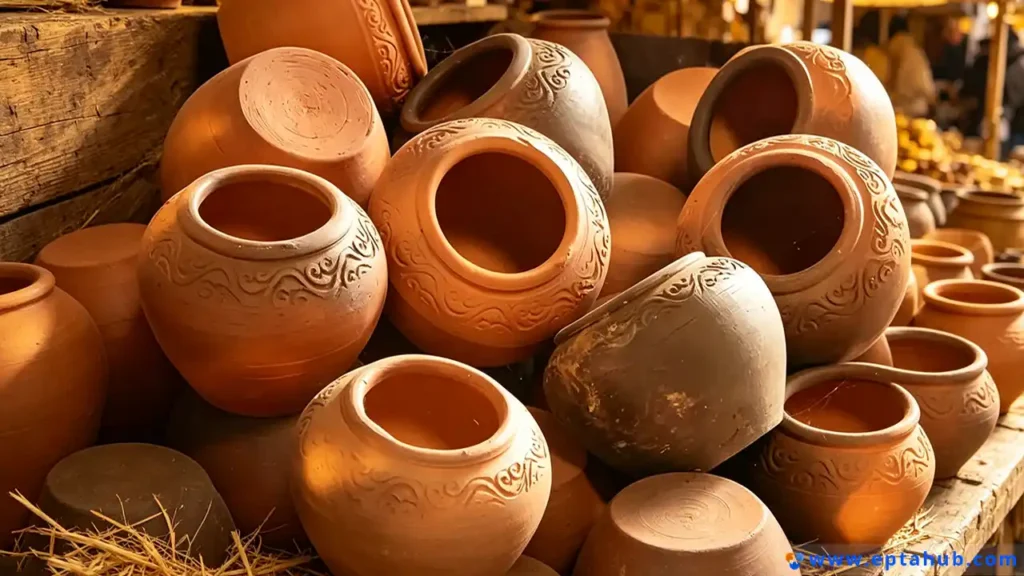 A pile of traditional terracotta clay pots, shown by EPTAHUB to contrast with modern technical ceramics. This illustrates the difference between porous earthenware pottery and non-porous, high-strength advanced engineering materials.