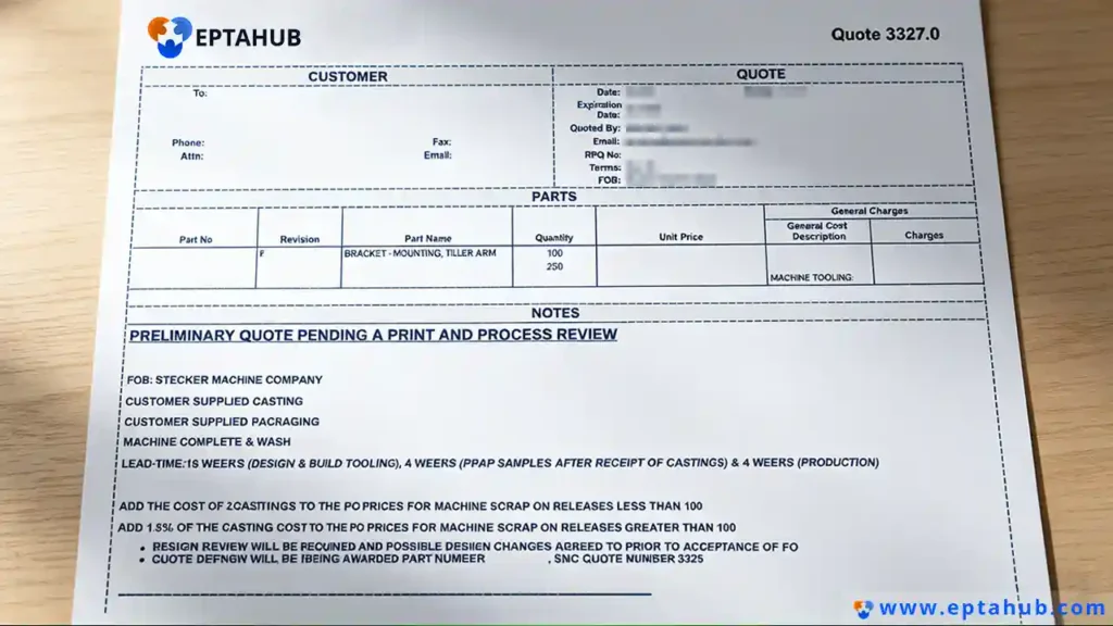 An example of a formal CNC machining quote for a custom part, provided by EPTAHUB to help buyers understand the key elements of manufacturing pricing, including part name, quantity, lead time, tooling costs, and PPAP requirements.
