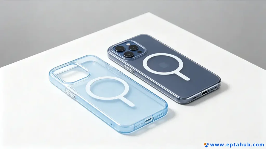 Two clear TPU phone cases from EPTAHUB, one light blue and one dark, featuring the integrated MagSafe charging ring, ready for wholesale customization and branding.