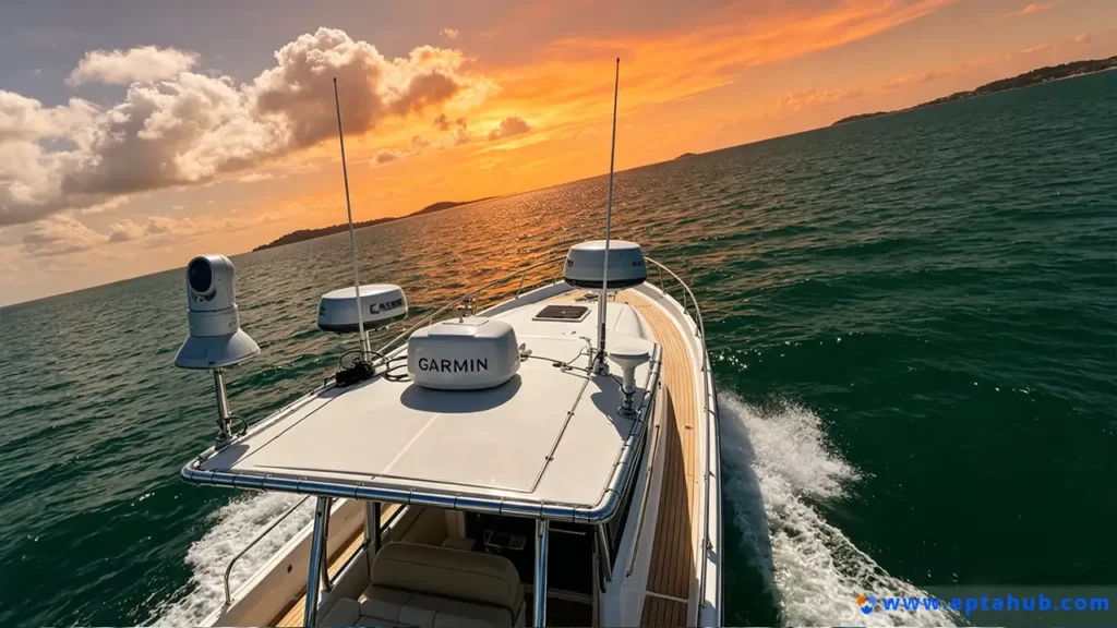 A modern yacht with advanced marine electronics cruising on the ocean at sunset, an example from EPTAHUB illustrating a harsh, saltwater environment where oxidation and corrosion resistance are critical for all metal parts.