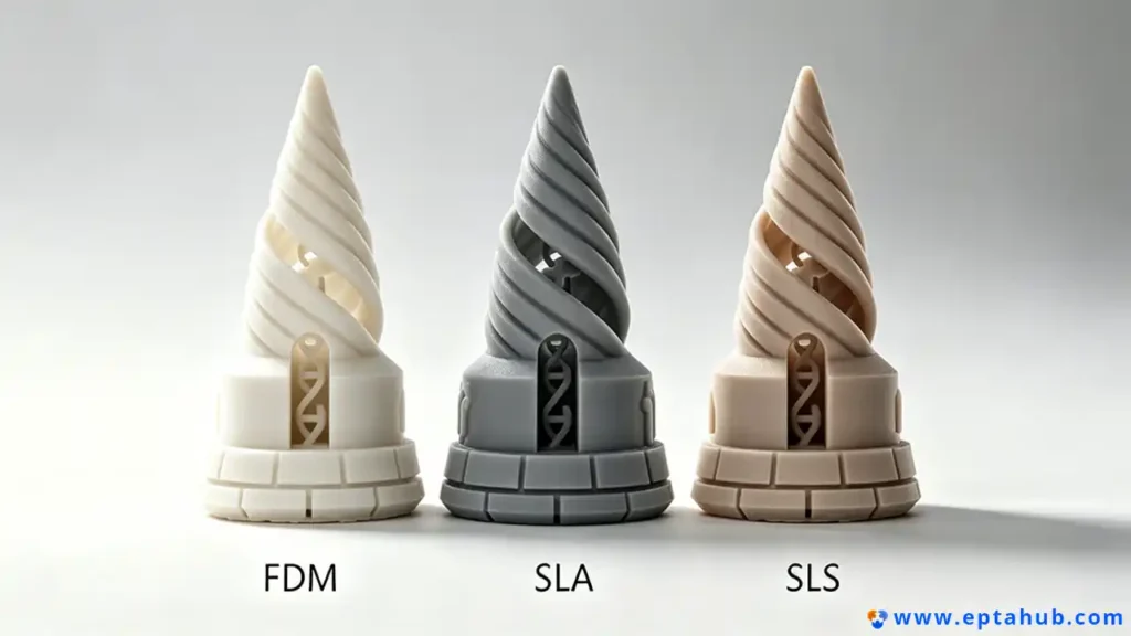 EPTAHUB에서 제공한 이 이미지는 동일한 모델을 FDM(Fused Deposition Modeling), SLA(Stereolithography), SLS(Selective Laser Sintering)의 세 가지 서로 다른 기술로 출력했을 때의 표면 마감과 디테일을 비교하여, 출력 방식 선택이 최종 결과에 어떤 영향을 미치는지 보여줍니다.