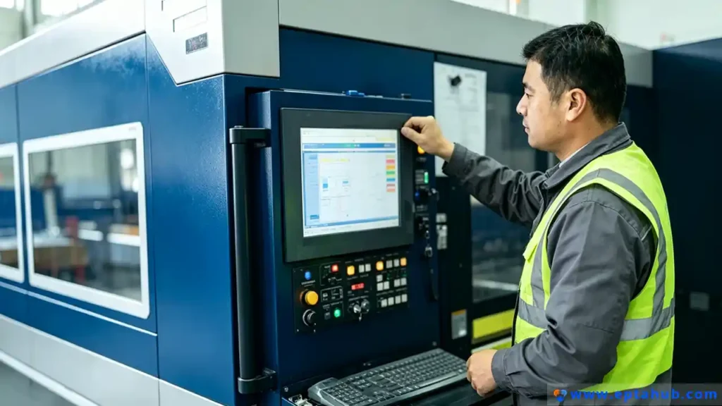 An EPTAHUB image illustrating the human element of CNC milling, showing a skilled operator in a safety vest programming the machine via its large touchscreen control panel.