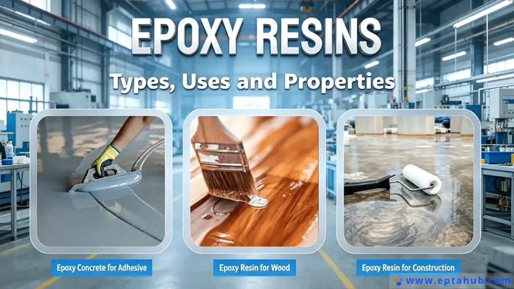 Une infographie d'EPTAHUB sur les résines époxy, présentant trois utilisations principales : comme adhésif pour béton, comme revêtement protecteur pour bois et comme matériau pour des applications de construction telles que les revêtements de sol.
