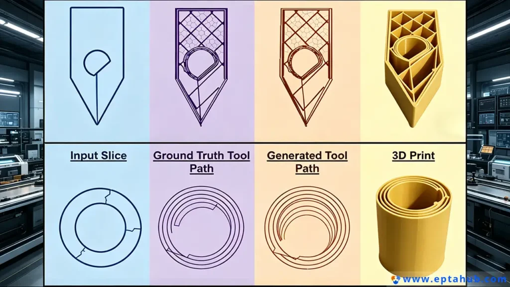 A technical infographic by EPTAHUB demonstrating the digital-to-physical workflow of FDM printing, showing how a 2D "Input Slice" is converted into a "Tool Path" which guides the machine to create the final "3D Print".