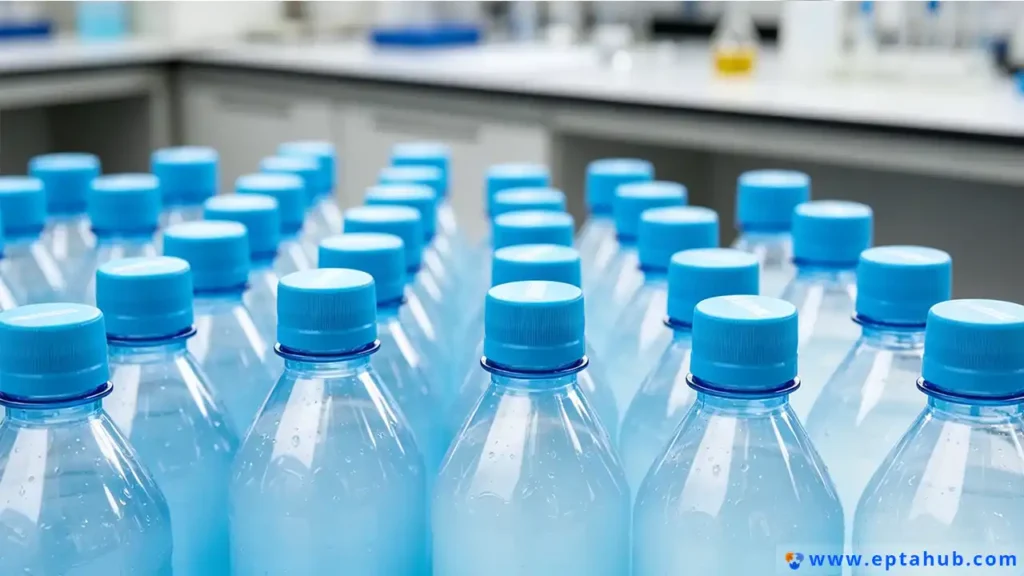 Deretan botol air plastik jernih dalam persekitaran makmal EPTAHUB, menggambarkan penggunaan PET (polietilena tereftalat), polimer asas yang menghasilkan filamen PETG untuk aplikasi kejuruteraan.