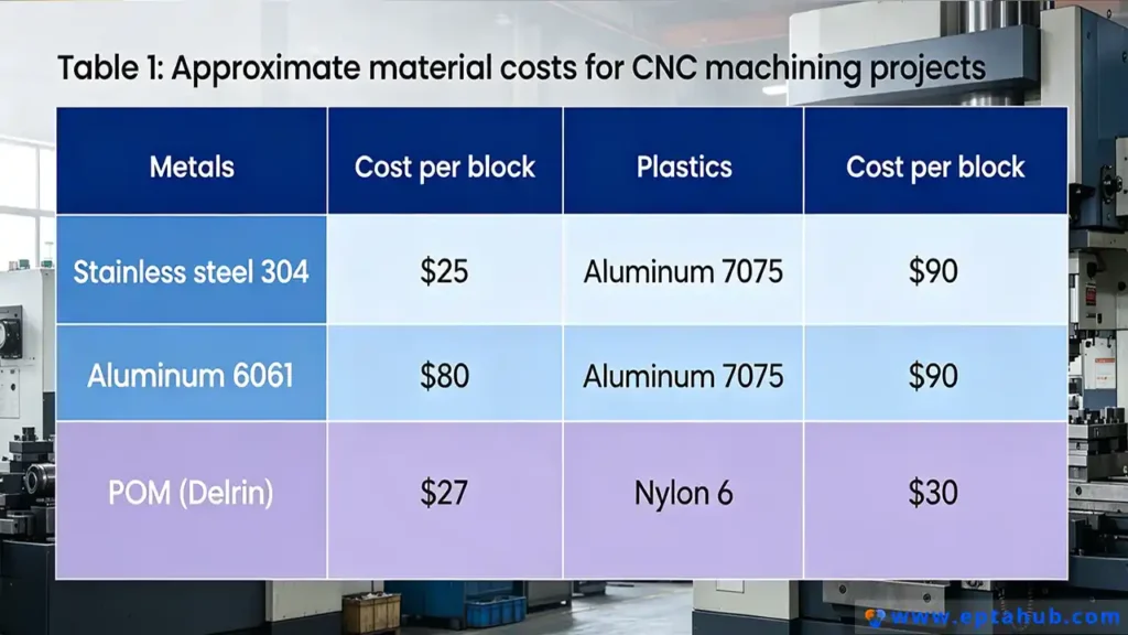 An infographic chart from EPTAHUB titled 'Approximate material costs for CNC machining projects,' listing the cost per block for metals like stainless steel 304 and plastics like POM, set against a CNC factory background.