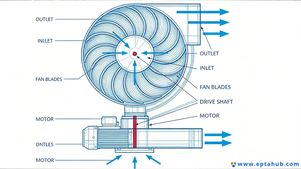 A technical diagram from EPTAHUB illustrating the mechanics of a centrifugal fan, used to explain the basic principle of the 'fan' section in a jet engine. Labels point to the inlet, outlet, fan blades, drive shaft, and motor, showing airflow direction.