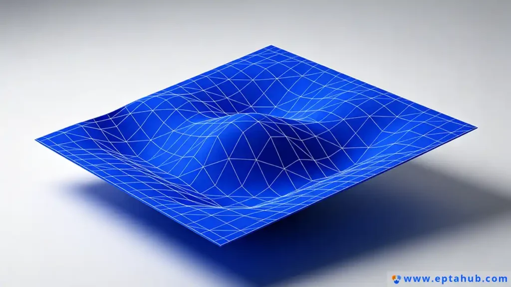 Una representación 3D de EPTAHUB que ilustra el concepto de malla triangular utilizada en archivos de impresión 3D como STL y 3MF. La imagen muestra una compleja superficie azul definida por una red de triángulos blancos interconectados, un proceso conocido como teselación.