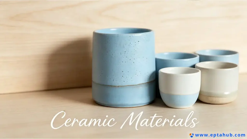A selection of modern ceramic mugs and cups with the text 'Ceramic Materials' by EPTAHUB, representing the aesthetic and functional qualities of consumer-grade stoneware and porcelain, which bridge the gap between traditional pottery and technical ceramics.