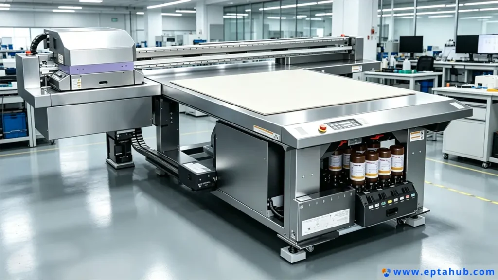 An industrial UV flatbed printer in the EPTAHUB factory, used for high-quality, durable custom printing on wholesale phone cases and other promotional products.