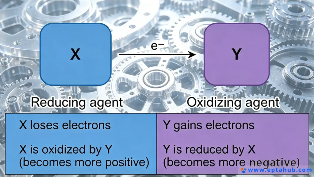 A detailed chemistry diagram from EPTAHUB explaining the process of oxidation and reduction (redox), showing an electron moving from a reducing agent (X) to an oxidizing agent (Y). It clarifies that oxidation is the loss of electrons and reduction is the gain of electrons.